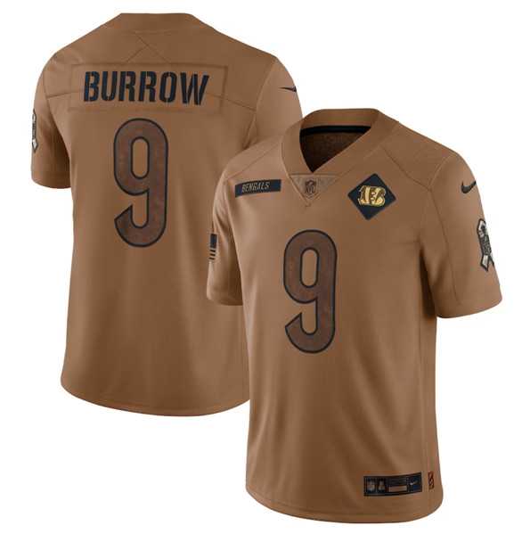Mens Cincinnati Bengals #9 Joe Burrow 2023 Brown Salute To Service Limited Football Stitched Jersey Dyin->cincinnati bengals->NFL Jersey